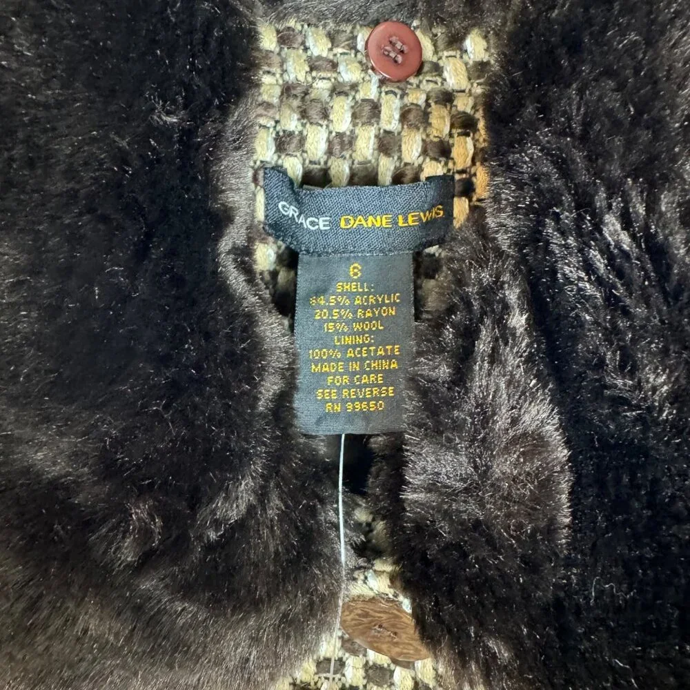 Grace Dane Lewis Vienna Wool Blend Faux Fur Trim Coat Size 6 Vanilla Latte Multi - Picture 4 of 11